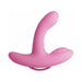 Pink silicone dual-motor vibrator with textured curved design and wireless remote control loop.