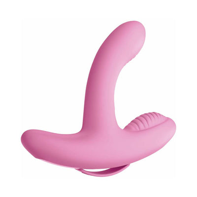 Pink silicone dual-motor vibrator with curved design and textured clitoral stimulator, wireless remote compatible.