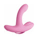 Pink silicone dual-motor vibrator with curved design and textured clitoral stimulator, wireless remote compatible.