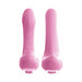 Front and back views of the pink Threesome Rock N Grind silicone vibrator with textured and smooth surfaces.