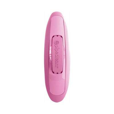 Top view of the pink Threesome Rock N Grind silicone vibrator with wireless remote control slot.