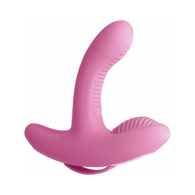 Pink silicone dual-motor vibrator with textured curved design and wireless remote control.