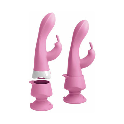 Pink multifunctional rabbit vibrator with adjustable suction cup base shown assembled and detached for hands-free use.