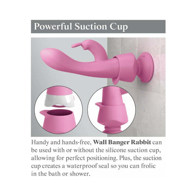 Pink Wall Banger Rabbit with powerful suction cup for hands-free use on smooth surfaces like shower walls.