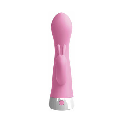 Pink multifunctional silicone rabbit vibrator with curved tip and silver base button.