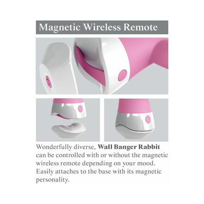 Close-up of pink Wall Banger Rabbit with detachable magnetic wireless remote control shown in three views.
