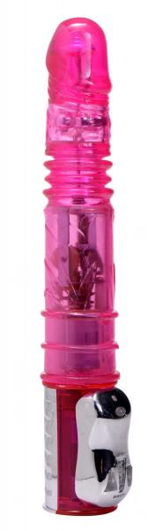 Pink translucent thrusting vibrator with rotating metal beads and ergonomic control handle.