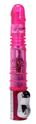 Pink translucent vibrator with textured shaft, rotating beads, and ergonomic control handle.