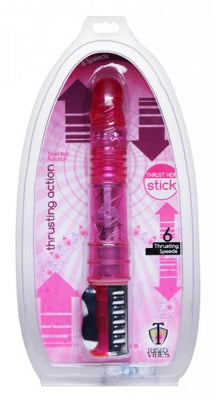 Pink Thrust Her Sex Stick vibrator with rotating metal beads and multiple thrusting speeds in clear retail packaging.
