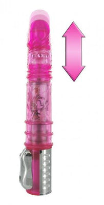 Pink Thrust Her Sex Stick vibrator with rotating beads and thrusting motion, showing up and down movement arrow.