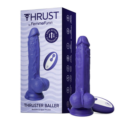 Purple realistic G-spot thruster dildo with suction base and wireless remote, displayed next to its branded packaging box.