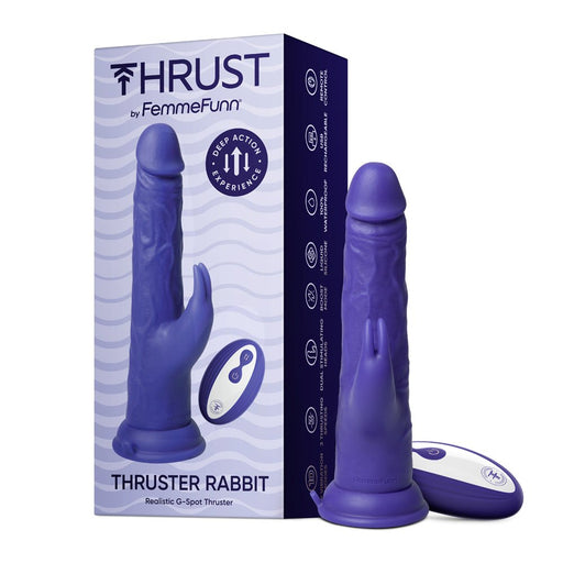 Purple realistic G-spot thruster with rabbit stimulator and wireless remote next to product packaging.