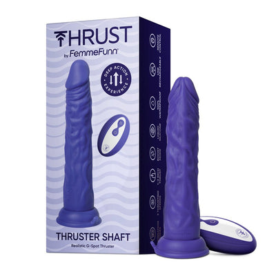 Purple realistic textured thrusting dildo with suction base and wireless remote next to its packaging box.