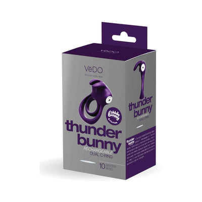 Packaging box of VeDO Thunder Bunny rechargeable dual cock ring in purple with product image and branding details.