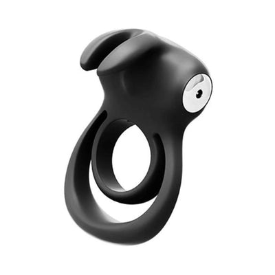 Black silicone dual cock ring with contoured design and integrated vibrating motor.