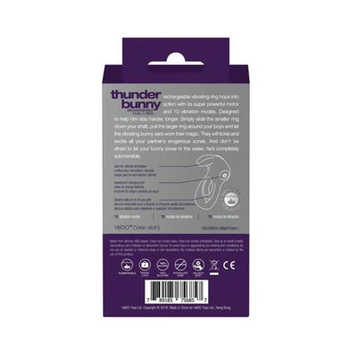 Packaging back of the Thunder Bunny rechargeable vibrating dual cock ring with product details and usage instructions.