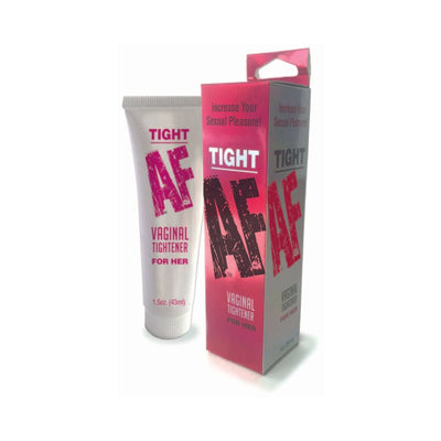 Tube and box of Tight AF vaginal tightening cream for women with bold pink and black text on white and pink packaging.