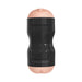 Black case masturbator with textured grip and realistic skin-tone sleeve ends, designed for comfortable handling and intense sensation.
