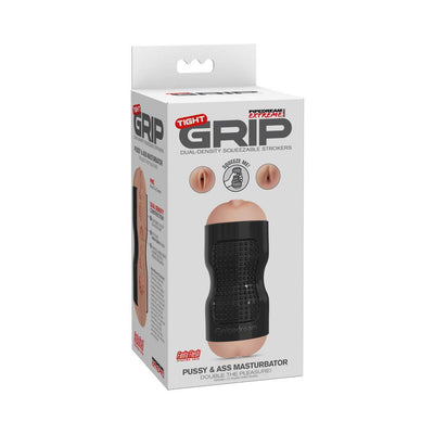 Packaging of Tight Grip dual-density squeezable stroker with black grip case and lifelike texture design.