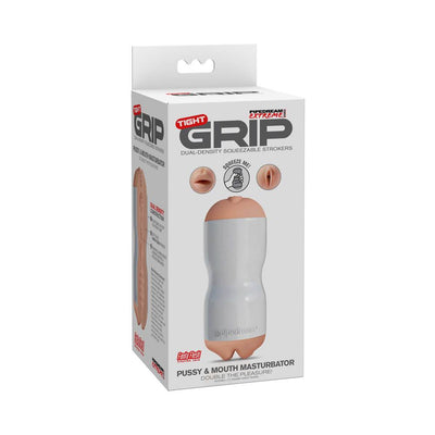 Packaging of Tight Grip dual-density squeezable stroker with beige double-ended sleeve for intimate use.