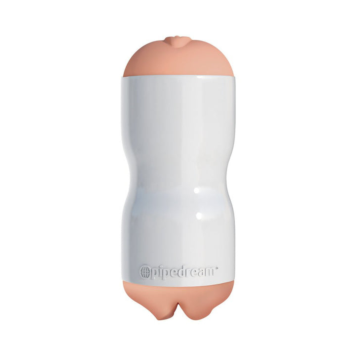 Beige tight grip masturbator with realistic texture and white ergonomic outer sleeve by Pipedream.