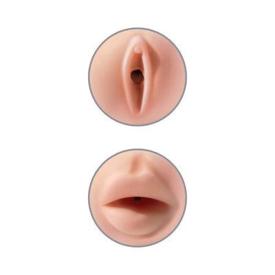 Close-up views of beige tight grip masturbator openings designed as realistic mouth and vaginal textures.