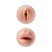 Close-up views of beige tight grip masturbator openings designed as realistic mouth and vaginal textures.