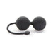 Black silicone dual Kegel balls with flexible retrieval cord for pelvic floor strengthening exercises.
