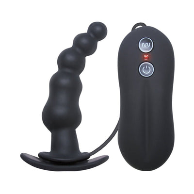 Black vibrating butt plug with beaded design and wired remote control with two buttons and LED indicator.