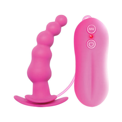 Pink silicone vibrating butt plug with beaded design and wired remote control with two buttons.