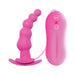Pink silicone vibrating butt plug with beaded design and wired remote control with two buttons.