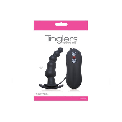 Black silicone vibrating butt plug with remote control in retail packaging labeled Tinglers 1 by ns novelties.