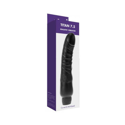 Black 7.5-inch realistic vibrator with curved shape and textured shaft displayed next to purple and white packaging box.