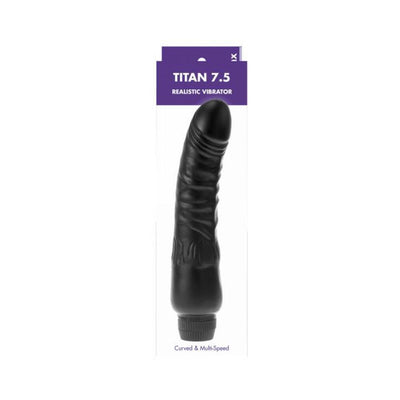 Black 7.5-inch realistic vibrator with curved shape and multi-speed control on white background with purple packaging label.
