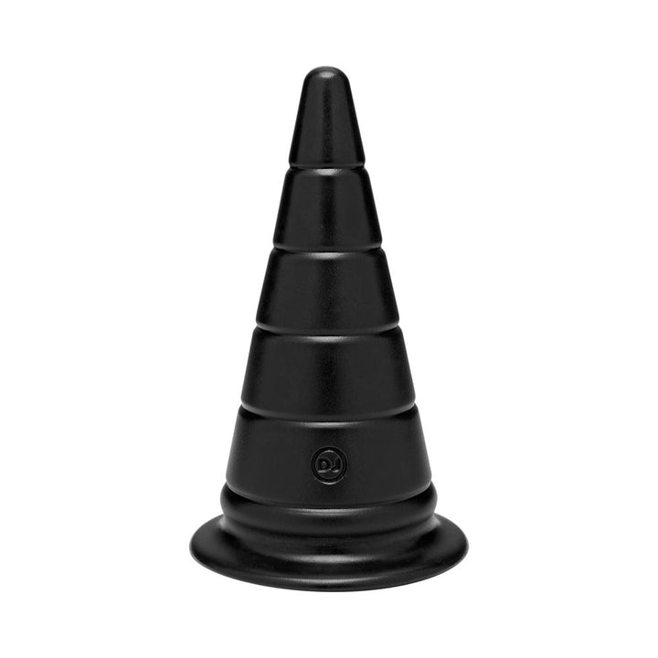 Black 6-inch ribbed cone-shaped anal stretcher plug with wide base for comfortable use.