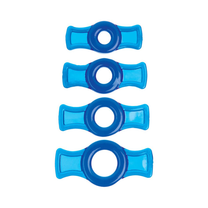Set of four blue flexible rings with extended tabs, varying in size for adjustable fit and easy handling.