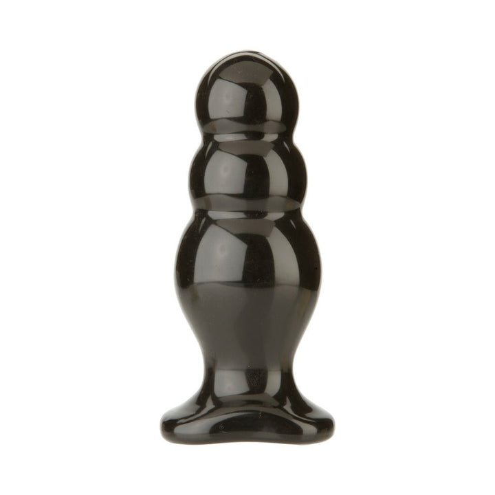 Black triple bubble graduated plug with flat base, made from smooth, body-safe PVC material.
