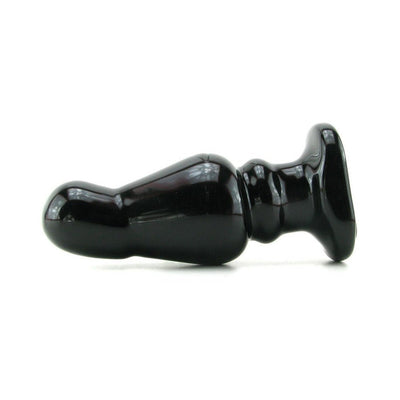 Black glossy angled wide probe with a rounded tip and flat base designed for advanced anal play.