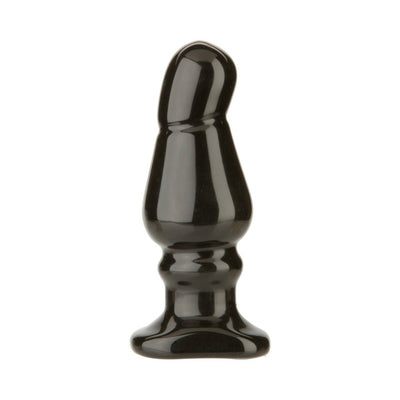 Black angled wide probe with a rounded tip and flared base, designed for advanced anal play.
