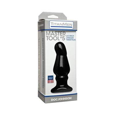 Packaging of TitanMen Master Tool #5 black angled wide anal plug with prostate stimulation design by Doc Johnson.