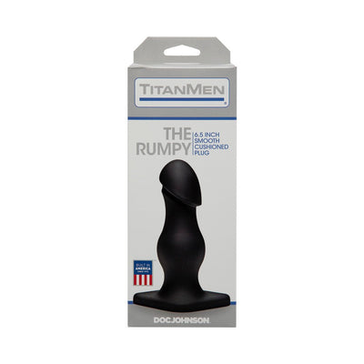 Packaging box of Titanmen The Rumpy black cushioned 6.5-inch butt plug with smooth, bulbous design and diamond-shaped base.