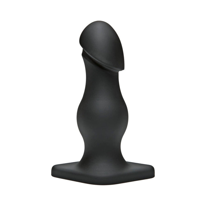 Black matte finish phallic-shaped butt plug with bulbous shaft and flexible diamond-shaped base for comfort and extended wear.