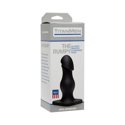 Packaging box of Titanmen The Rumpy black cushioned PVC butt plug with product image and branding details.