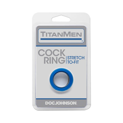 Titanmen Tools blue stretch-to-fit cock ring in clear retail packaging with gray and blue branding.