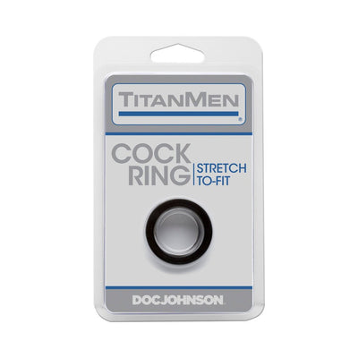 TitanMen Tools black stretch-to-fit cock ring in clear plastic retail packaging by Doc Johnson.
