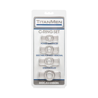 TitanMen Tools C-Ring Set with four clear stretch-to-fit rings featuring side tabs for easy removal in retail packaging.