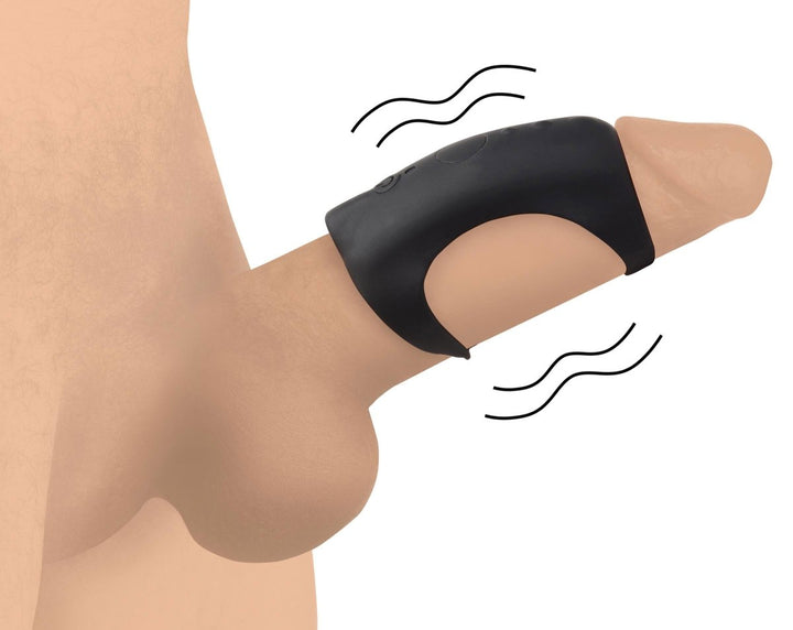 Black silicone vibrating shaft ring worn on a realistic male model with vibration lines indicating motion.