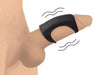 Black silicone vibrating shaft ring worn on a realistic male model with vibration lines indicating motion.
