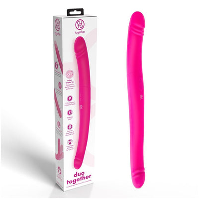 Pink flexible silicone dual-ended couples toy with packaging showing product features and branding.