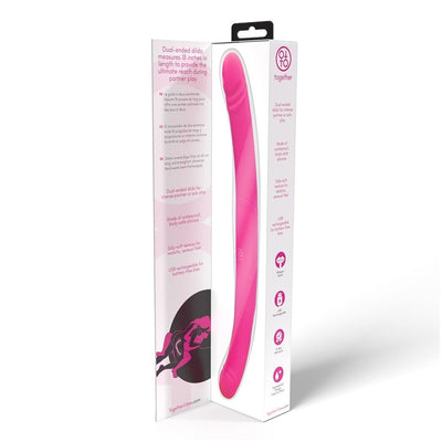 Packaging of Together Duo Pink dual-ended silicone dildo with product features and branding visible.